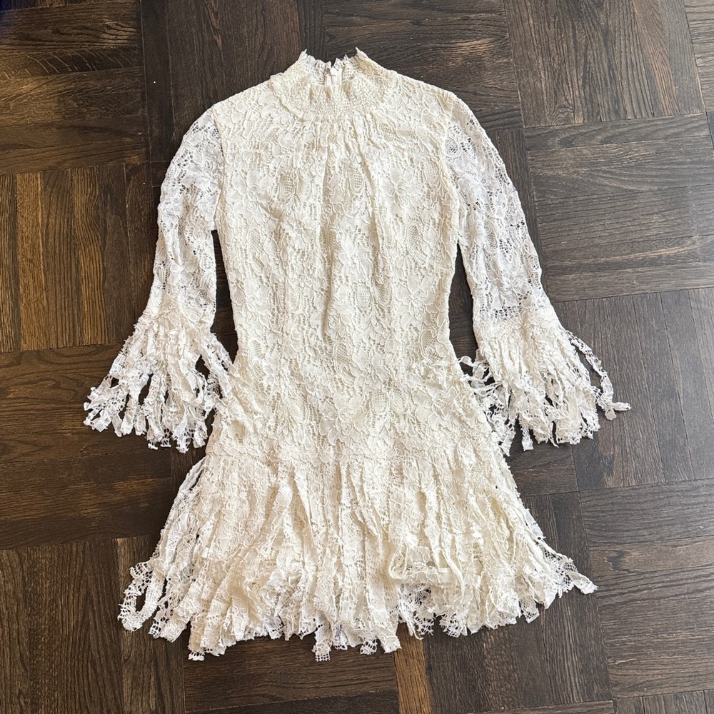 USED ONCE ALEXIS WHITE Lace Dress with Lace Fringe Sleeves XS